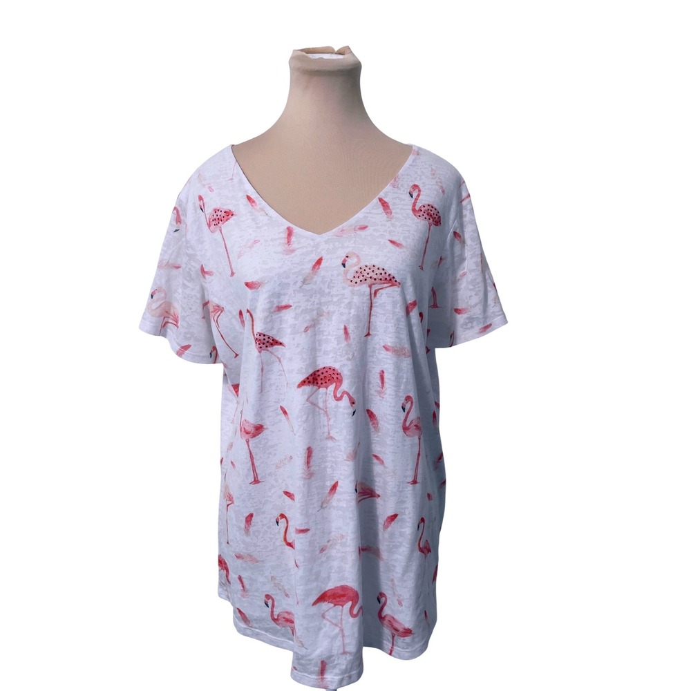 Astrologie Women Flamingo Print V-Neck Short Sleeve Tee White XL Vacation Casual